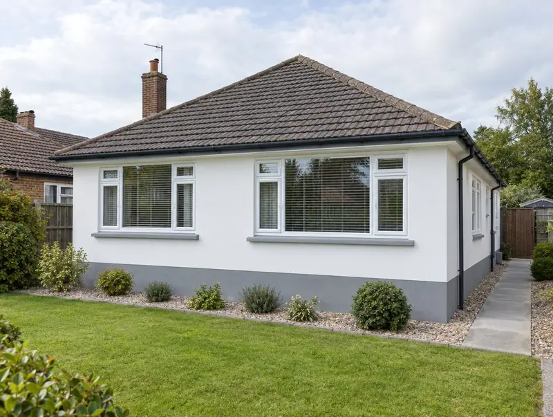 Detached bungalow finished in white insulated render with a grey plinth and a neat lawn