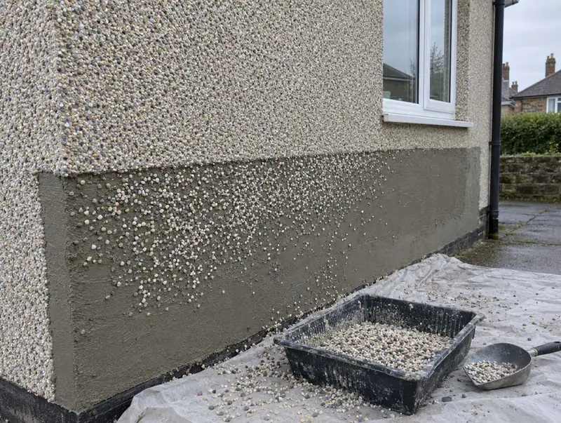 Pebbledash being applied to fresh render at the base of a wall, with a dashing tray and scoop