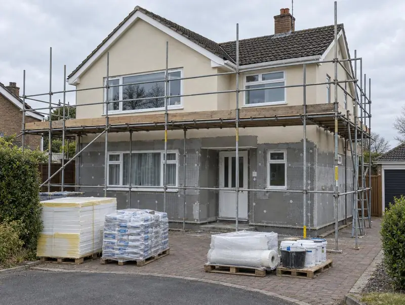 Detached house under scaffolding with render on the upper walls and mesh on the lower walls, materials on pallets