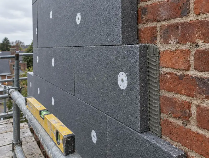 Grey graphite EPS insulation boards fixed to a red brick wall with white anchor discs, a spirit level on the scaffold