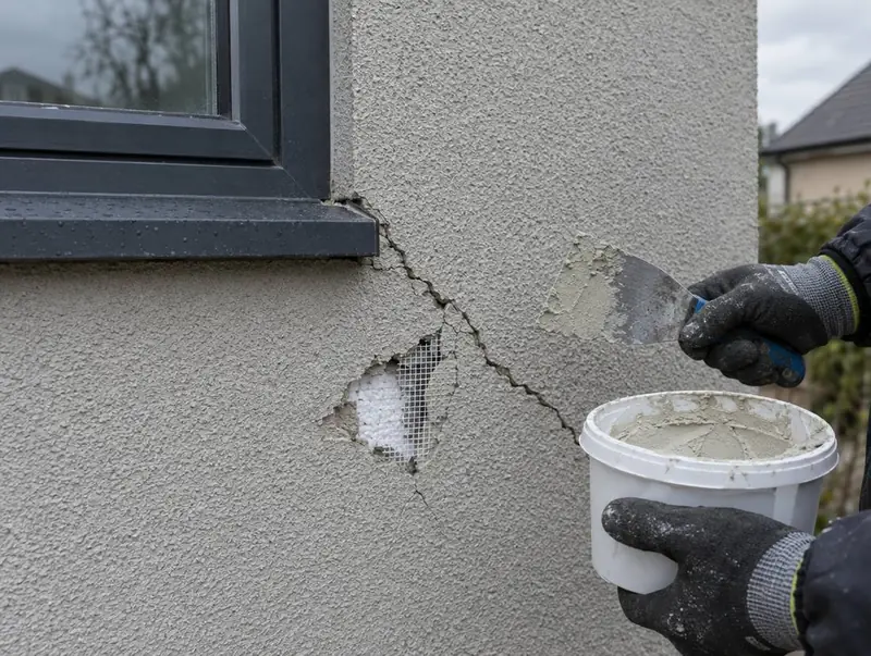 Gloved hands repairing a crack and a small hole in rendered external wall insulation below a window
