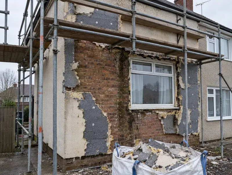 Failed render and insulation boards being stripped from a damp-stained brick wall under scaffolding