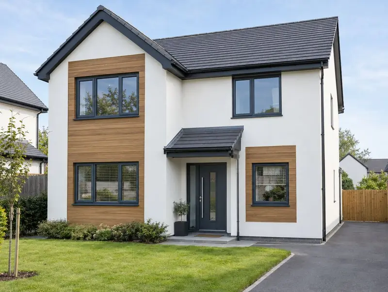 Modern detached house in white render with oak-effect cladding panels and grey windows