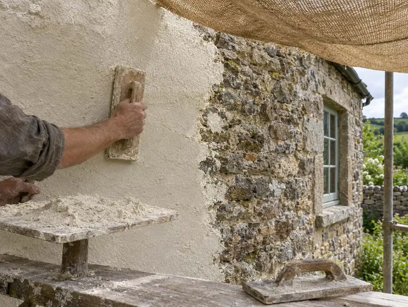 Insulating lime render being floated onto the rubble stone wall of an old cottage