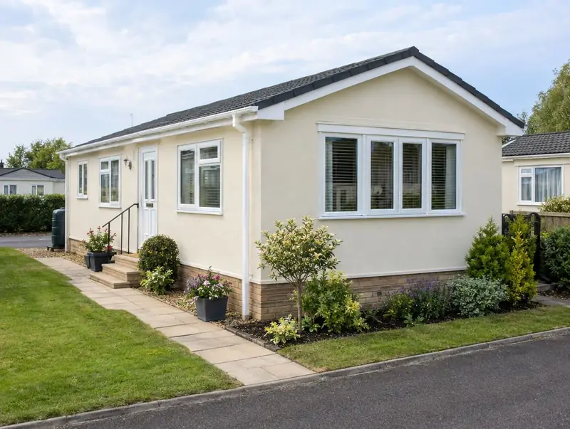 Residential park home finished in cream insulated render with a planted garden
