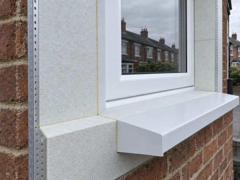 Thin phenolic insulation boards around a white window reveal with corner beads and an extended sill