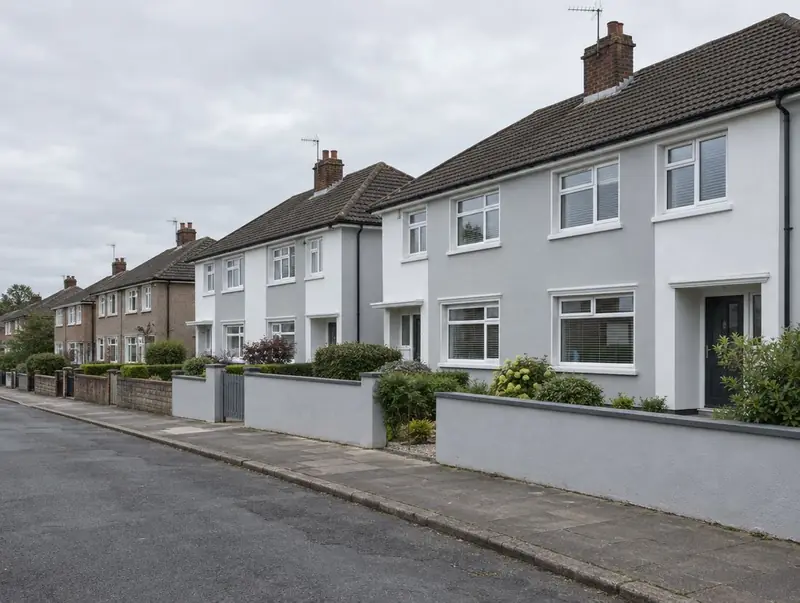 Street of post-war semi-detached houses with matching grey and white insulated render