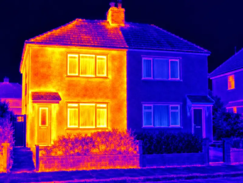 Thermal image of two semi-detached houses: the uninsulated one glows orange, the insulated one shows cool blue